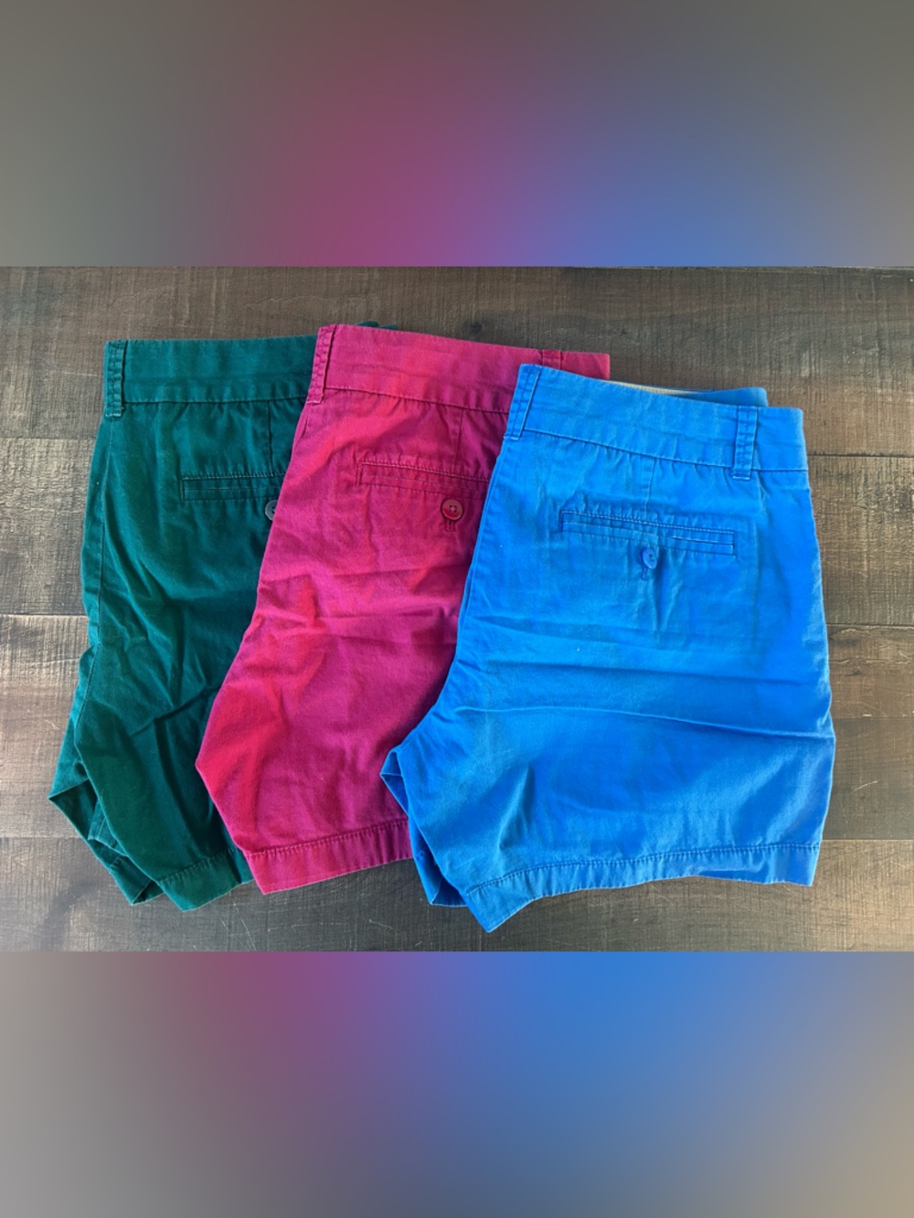 Three Casual Cotton Shorts in Blue, Magenta, and Teal